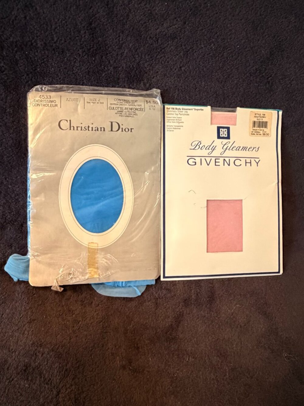 2 pairs vintage designer panty hose Christian Dior "Azure" Givenchy "Raspberry"